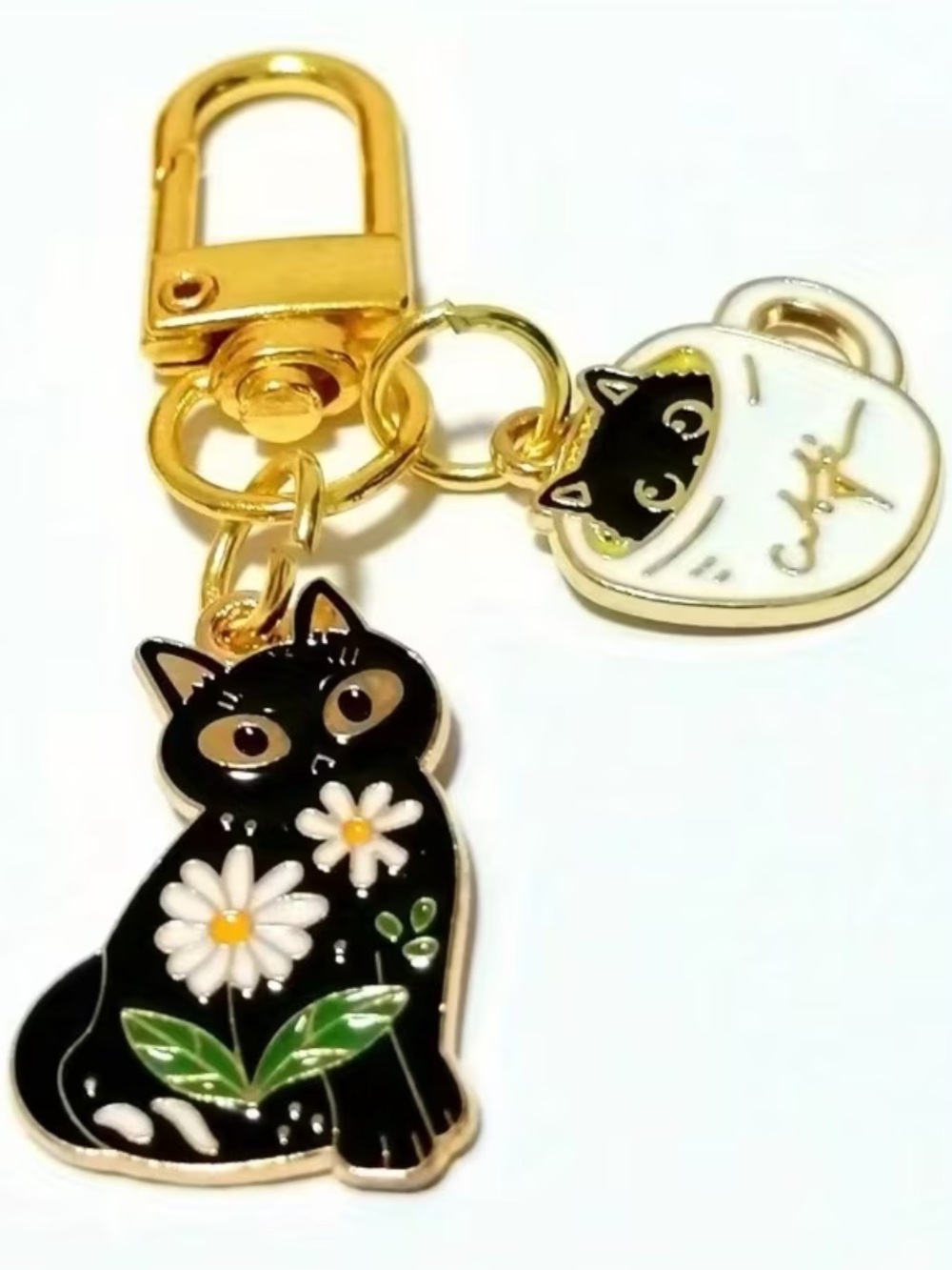 Gold Black Cat Floral Enamel Keychain - Cat Lover Accessory